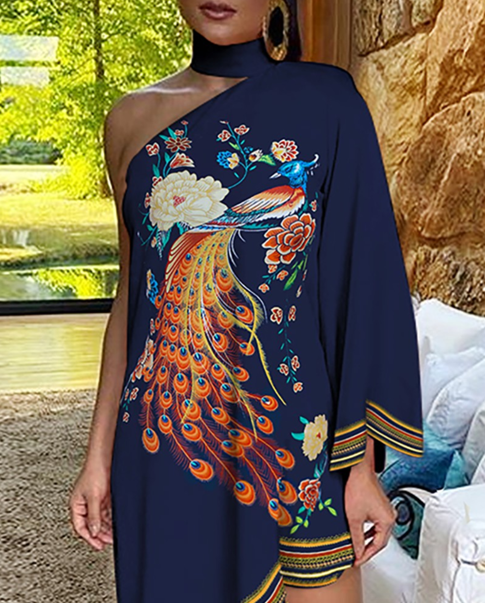 One Shoulder Peacock Print Dress